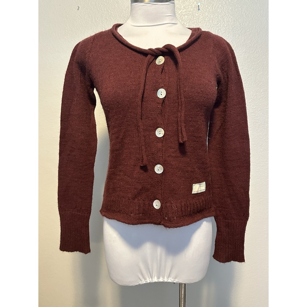 Odd Molly Anthropologie‎ Alpaca Cardigan XS Burgundy Knit Button Tie Sweater 526